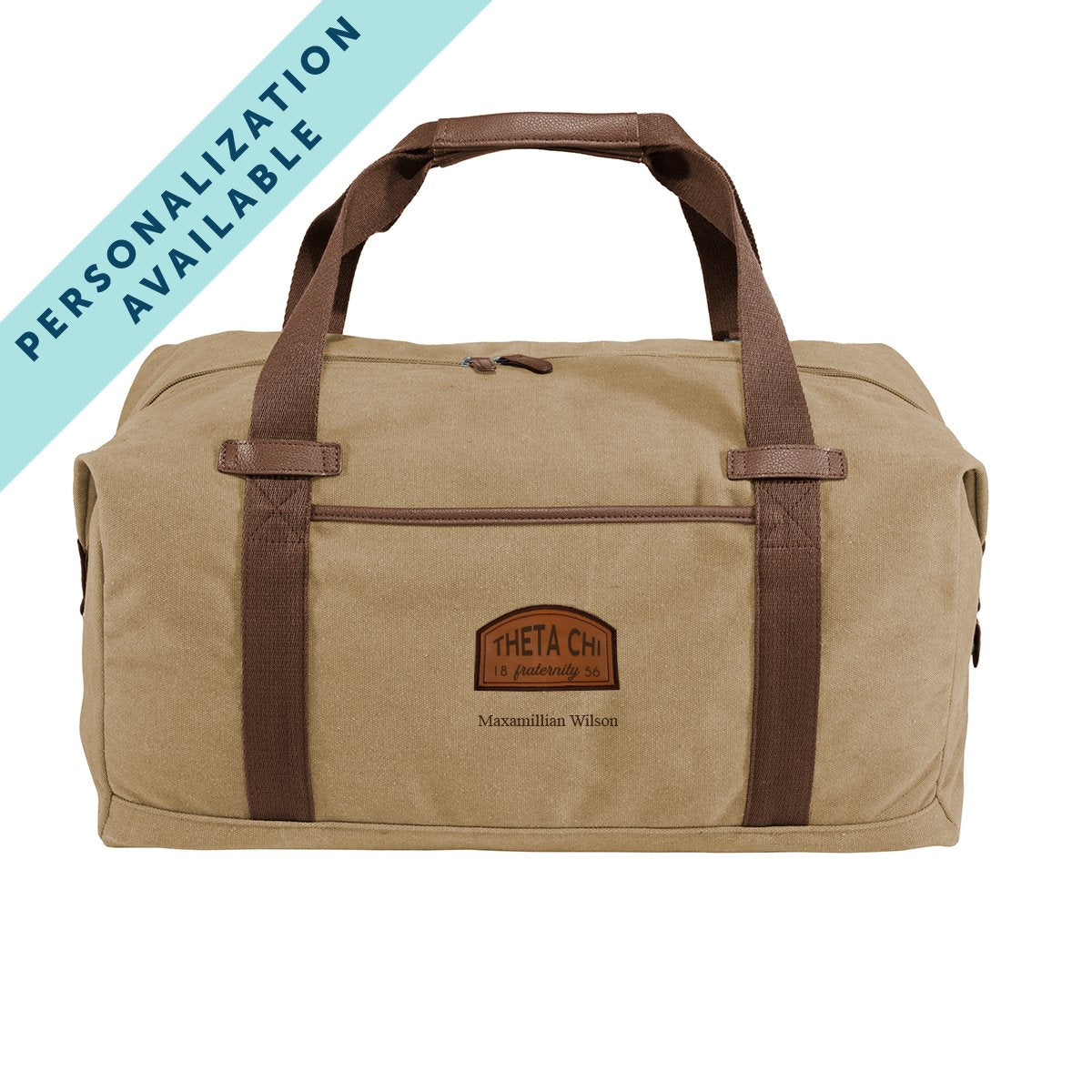 Theta Chi Khaki Canvas Duffel With Leather Patch Theta Chi Official Store