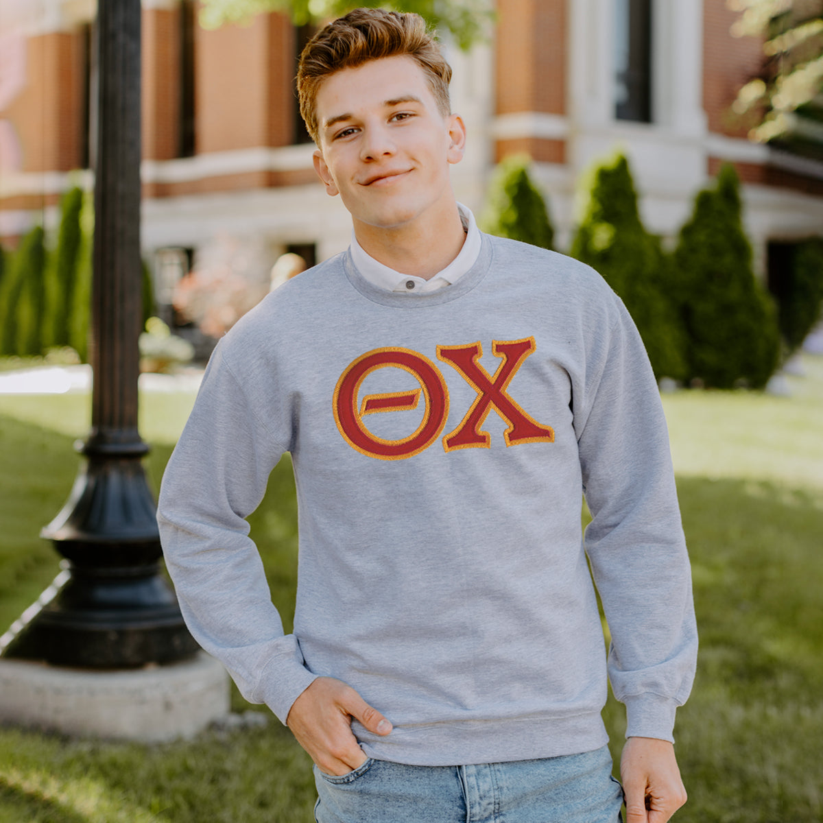 New! Theta Chi Heather Grey Crewneck With Sewn On Letters