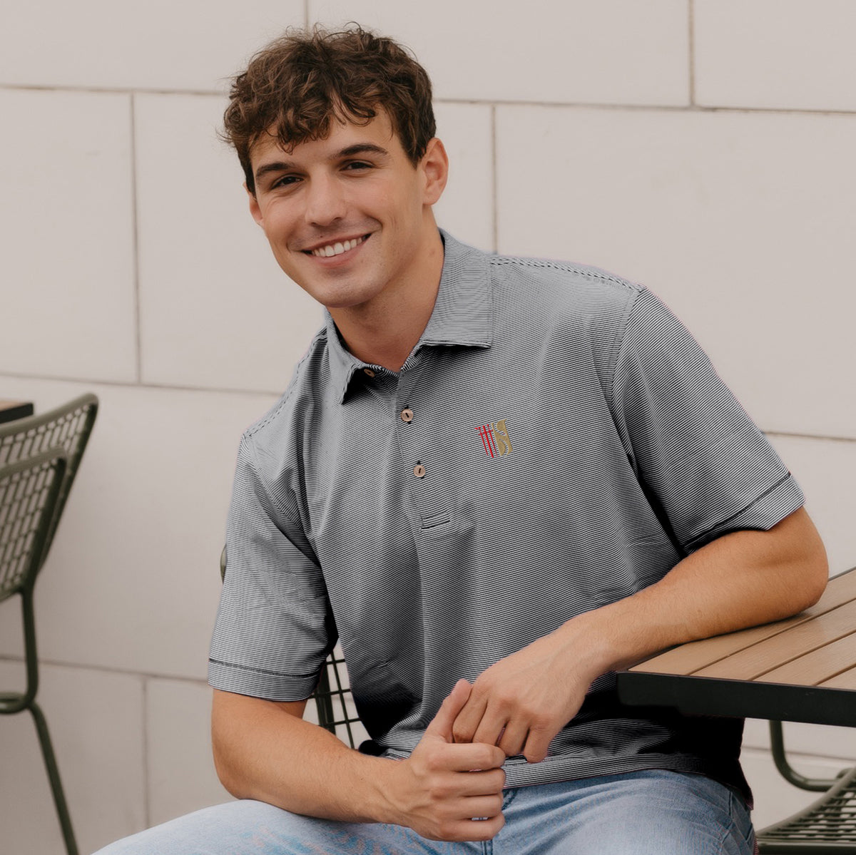 Theta Chi Peter Millar Jubilee Stripe Stretch Polo with Crest