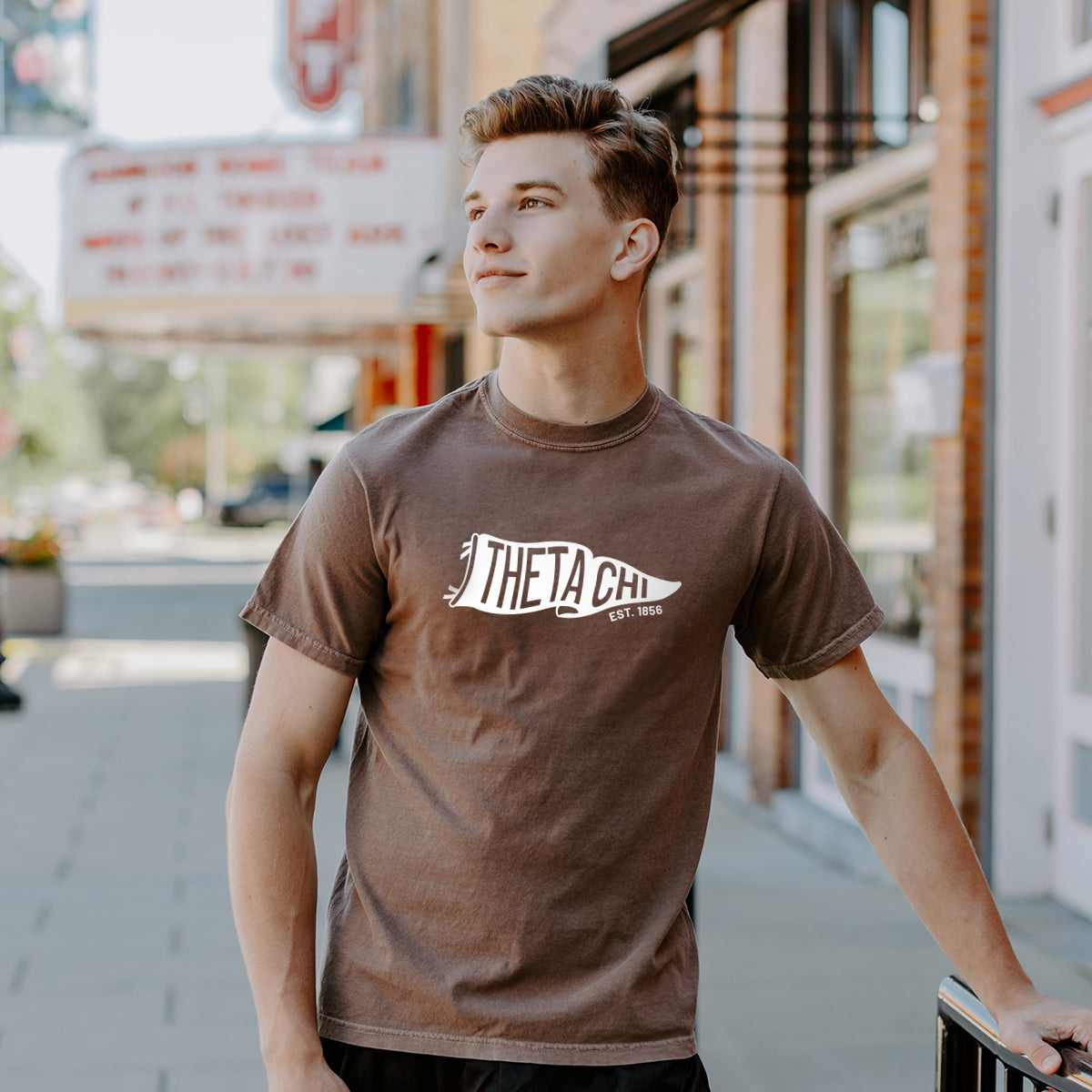 Theta Chi Comfort Colors Brown Pennant Short Sleeve Tee