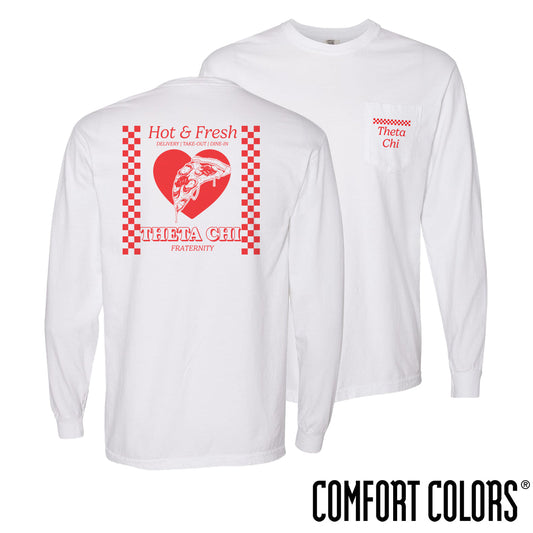 New! Theta Chi Comfort Colors Hot and Fresh Pizza Long Sleeve Tee