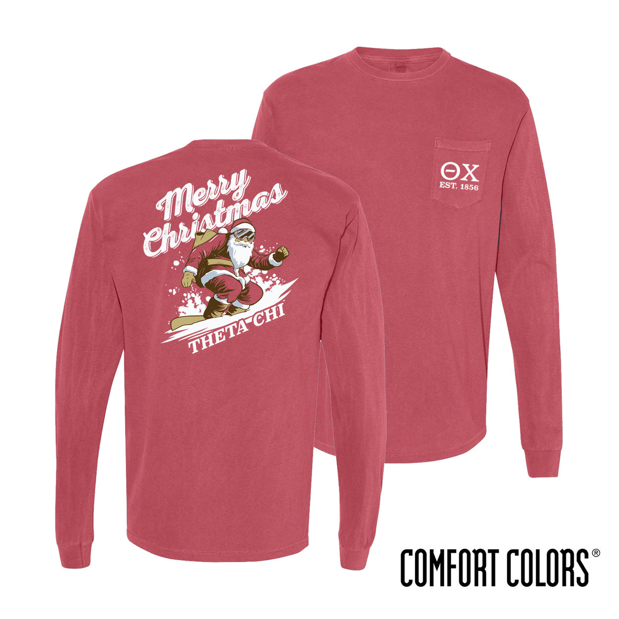 New! Theta Chi Comfort Colors Holiday Shredding Santa Long Sleeve Tee